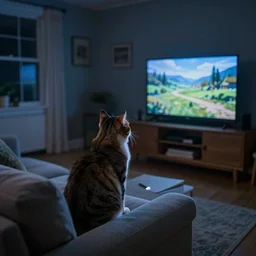 cat sitting on sofa watching TV in night by Stephen Mcmennamy