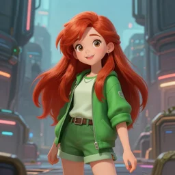 beautiful cute red haired eighteen year old young girl standing up, casual green clothing, long hair, cyberpunk city, cute joyful and playful face, rpg character, sci - fi, intricate, elegant, digital painting, artstation, concept art, smooth, 8 k frostbite 3 engine, ultra detailed, art by artgerm and greg rutkowski and magali villeneuve