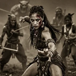 movie frame with native tribal girl fighting ,  action, monster hunter, dark fantasy and fashion, beautiful  body, clean brutal blooded face, brutal make up, epic,dramatic lighting, cinematic, establishing shot, extremely high detail, photorealistic,  brutal, provocative , cinematic lighting, artstation, octane render, dark fantasy, inspired by Boris vallejo, sepia, old photography, documentary photography, national geographic photography