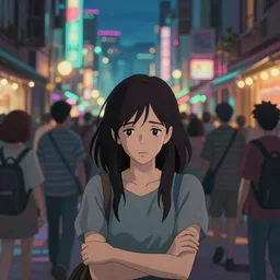 a city from another world! dream portrait of a sad woman in a crowd of people on the street, glowing lights, epic fantasy, colorfully, digital art, highly saturated colors, concept art, detailed illustration, hd, 4 k, digital art, greg rutkowski, dan mumford, studio ghibli trending on artstation