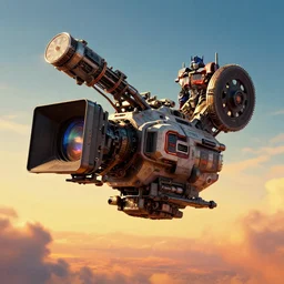 a gigantic digital movie camera shaped spaceship floating in the sky, nasa, ilm, beeple, star citizen halo, mass effect, transformers, elysium, warm saturated colours
