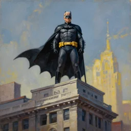 Biden as Batman on top of a building staring down at politics, oil painting