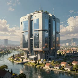 cuboid sci-fi building next to a river and houses, sense of hope, daytime, digital art, art station, extremely detailed
