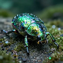 high quality close-up photo scarab!! crystal iridescent gorgeous hyperdetailed moody green lighting low angle hd 8k sharp shallow depth of field