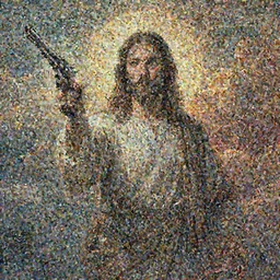 jesus standing between heaven and hell, highly detailed, with a revolver, highly detailed face,