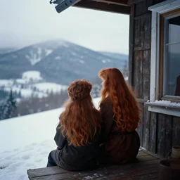 a vintage photo of a boy and a girl with long flowing auburn hair sitting together on the porch of a cabin on a mountain overlooking a snowy landscape. atmospheric lighting, romantic, boy and girl, cold lighting, snowy.