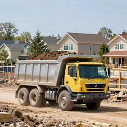 a single dump truck full of dirt on a populated suburban construction site with beautiful homes in the background, 4 k, trending on artstation, award - winning, art by greg rutkowski and james gurney