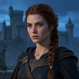 closeup portrait of an mage, cloth, blue hour, dungeons and dragons character, dramatic lighting, female warrior, brown hair, celtic braid, castle background, gorgeous view, realistic, high detail, digital art, painted by greg rutkowski, painted by jeremy mann, painted by alphonse mucha, trending on artstation