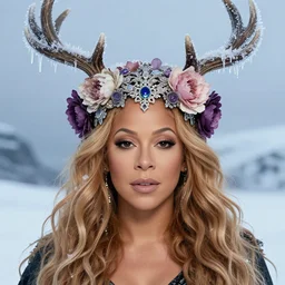 beautiful female character inspired by iceland and floral headdress mariah carey pagan wiccan viking antlers headdress icicles full face mfd 2 metres | | digital artwork made by greg rutswork, anna dittmann and lois van barlee, symmetrical rim light, anatomically correct