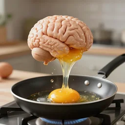 a brain oozing out of an egg and falling into a frying pan cinematic realistic 3 5 mm hdr 8 k