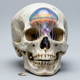 3 d close - up liminal broken in to pieces fractured human skull!!!, phoenix jellyfish, highly detailed. iridescent accents. by wlop, tooth wu, greg rutkowski, alena aenami, beeple