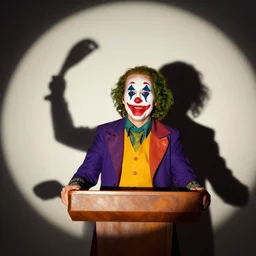 president with clown makeup in a podium as the puppet of a human shadow