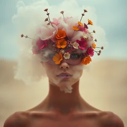 humanoid in wild flower mask fading into smoke, autumn, perfect face, sharp focus, directed gaze, haute couture, editorial photoshoot, pastel colors, vivid, fashion photography, cinematic lightning, sand dunes, portrait photography, 8 k hd in the style of zdzisław beksinski
