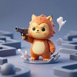 ebay product, beautiful cute, cute miniature resine action figure, maze, High detail photography, 8K, 3d fractals, cute pictoplasma, one simple ceramic tintoy fury fury fury fur monster Figure sculpture, holding a gun, surrounded by splashes, 3d primitives, in a Studio hollow, by pixar, by jonathan ive, cgsociety, simulation