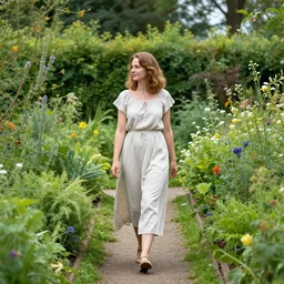 woman walking through a lush garden by anne ancher
