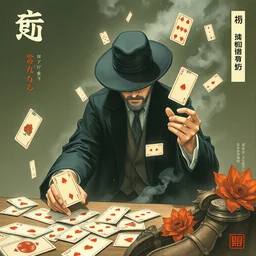 album cover art for card magician with floating cards katakana by akihiko yoshida