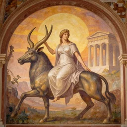 fantastic scene irrealism fresco : : sunrise tones : : fantasy art scene : : timeless masterpiece : : learned philosophess she - minotaur : : rich interior : : background greek temples