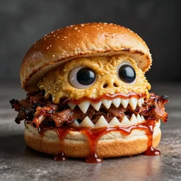pulled pork sandwich that looks like a monster, with eyes and shark teeth, drooling barbecue sauce