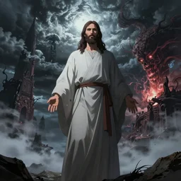 anime style jesus standing between heaven and hell with a storm in the background, badass
