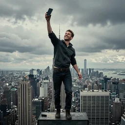 marques brownlee throwing iphone off of skyscraper over cloudy moody distopian city with an evil smile cinestill 5 0 d, f 3 / 2,