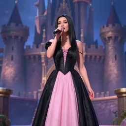 Full body Portrait of a beautiful songtress, 30 years old, black and pink dress, long black hair, straight hair, dark Blue eyes, singing for you, castle background, extremely detailed face, high fantasy, magic music, dungeons and dragons, important: No extra arms or hands, no extra characters, solitary, blizzard entertainment, industrial light and magic, pixar, matte painting, mucha, trending on Artstation, artstationHD, artstationHQ, octane, cgsociety, HD, 16K