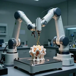 a complex bifurcated robotic cnc surgical arm hybrid 3 d printer machine making organic ceramic kintsugi mandlebulb forms in the laboratory room, very thin gold wire, film still from the movie directed by denis villeneuve with art direction by salvador dali, wide lens, f 3 2, cinematic lighting, studio quality, smooth render, unreal engine 5 rendered, octane rendered