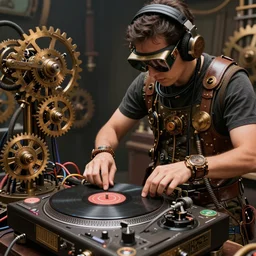 a person wearing goggles and visor and headphones using a steampunk record player contraption, wires and tubes, turntablism dj scratching, intricate planetary gears, complex, cinematic, imax, sharp focus
