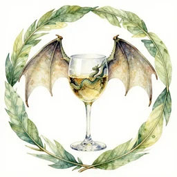wine glass with dragon wings watercolor painting in the center of a circular frame of leaves, art by walter crane and arthur rackham, illustration style, watercolor