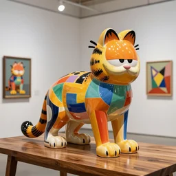beautiful gallery show studio photograph of a giant realistic geometric ceramic sculpture of garfield and nermal cat!!!!, heavily glazed by bridget riley and victor vasarely, placed on a polished wooden table, colorful hyperrealism 8 k trending on artstation