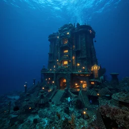 hyper realistic, high detail photo of city of atlantis, underwater, lights on, beautiful, dreary lighting