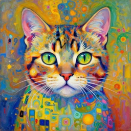 summertime cat portrait an oil painting splashes with many colors and shapes by gustav klimt greg rutkowski and alphonse mucha, polycount, generative art, psychedelic, fractalism, glitch art
