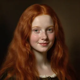 full body portrait of a red haired girl with a soft smile, with long hair, green eyes, hint of freckles, beautiful round face, pale skin, highly detailed, deep focus, smooth, sharp focus, golden ratio, dramatic illumination, ultra realistic, 8 k, painting art by artemisia lomi gentileschi and caravaggio