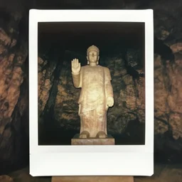 a very large statue inside of a underground quarry, megalophobia, expired film, old polaroid,