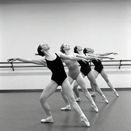 a line of ballet dancers in leotards arranged in an echelon formation leaning backwards with their right arms outstretched in a dance studio, monochrome, 6 0 s, 3 5 mm film