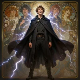 character concept, full body, symmetrical, laughing young man with dark cape. detailed, high quality, dynamic lightning, fantasy, scenematic. artwork by artgerm, wlop, alex ross, greg rutknowski, alphonse mucha