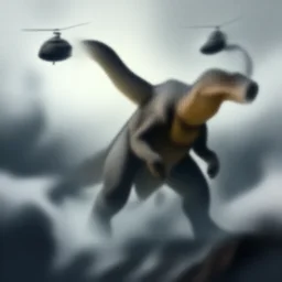 an giant reptile creature destroying flying helicopters in a foggy storm weather, Matte painting , detailed painting, greg rutkowski