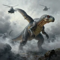 an giant reptile creature destroying flying helicopters in a foggy storm weather, Matte painting , detailed painting, greg rutkowski