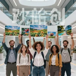 group portraits, groups of diverse happy humans holding up large beautiful images, text morphing into rotating objects, highly detailed, super realistic, futuristic hall, perfect lighting pixel sorting