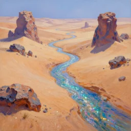 a sparkling desert with streams of coloured sand glittering with alien rock formations, artstation 3 d, oil painting, vast, epic composistion