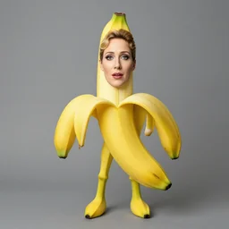 a full body banana with legs and arms wearing an emma stone mask