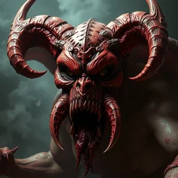 wide angle shot of a dirty, rotten, blood soaked, horrific, evil, demonic, kharn the betrayer, alphonse mucha, rhads, ross tran, artstation, artgerm, octane render, 1 6 k