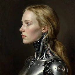 side view portrait of cyborg kate moss by albrecht durer, william warehouse, jan van eyck