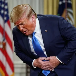 Donald trump bent over, holding his stomach in pain, hyper detailed