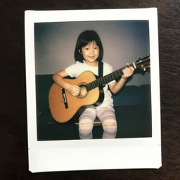 short brune 2 0 - year old girl, high socks, playing guitar, smiling, polaroid photo, highly realistic