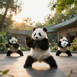adorable panda cub practicing t'ai chi at the chengdu panda base exhibit, national geographic style, wide angle lens, golden hour