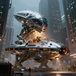 low angle of a shiny metallic extraterrestrial spaceship unloading its cargo in a futuristic new york city, in the style of frank frazetta and h. r. giger, ultra realistic, atmosphere, glow, detailed, intricate, cinematic lighting, trending on artstation, 4 k, hyper - realistic, immersed, extreme details, cinematic, masterpiece