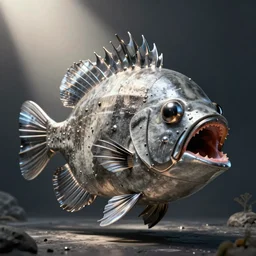 an exotic fish with multiple mouths made up of steel and concrete