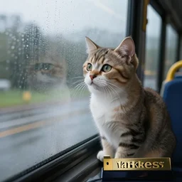 a beautiful kitten looking outside the bus window on a rainy day, pondering the meaning of life, award winning photography unrealengine