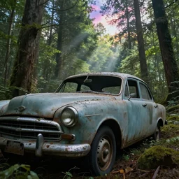 abandoned old retro car closeup in the forest, macro, detailed, huge scene, concept art, beautiful, art greg rutkowski, high detail, godrays, cinematic view, volumetric, epic sky, vivid, trending on artstation, by jordan grimmer
