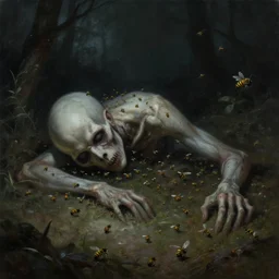painting of an ominous creepy corpse laying on the ground swarming with small bees, horror art, fantasy, digital art, mood lighting, dramatic, beautiful stunning artwork, dark environment, surreal, lifeless, trending on artstation